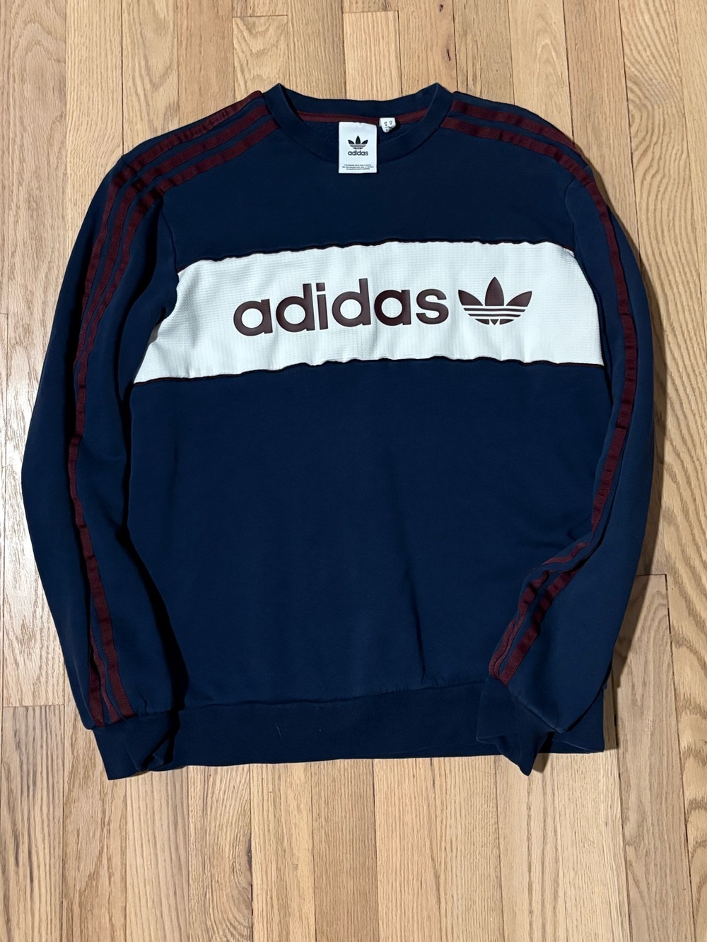 adidas Navy Crewneck Sweatshirt with White Chest Panel and Burgundy Accents